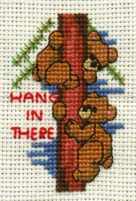 Hang In There Bears
<p>This was supposed to be placed in a small plastic frame, which I no longer have.&nbsp; I believe the frame was an oval shape.</p>
Keywords: cross stitch