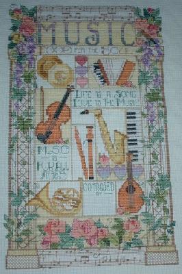 Music
<p>I made this for a relative...this was a kit.&nbsp; She picked it out, I did the stitching.&nbsp; I did change a few things...the strings on the string instruments weren't a 