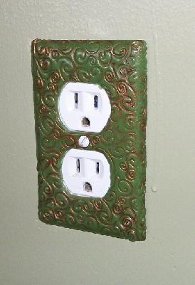 Plug plate
<p>Each one is different due to the size limitations of the rubber stamp.&nbsp; Each one is rather nice though.&nbsp; I've done 5 so far.&nbsp; Mom likes it enough that all the plates in the house will be transformed, though not all alike of the same color.</p>
