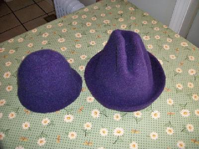 The first and the second
<p>The hat on the left USED to be a fedora.&nbsp; Remember the floppy first one?&nbsp; I ran it through the washer again with the second one.&nbsp; It has now become my first teapot cosy project.&nbsp; To be continued......&nbsp;&nbsp; ;-)</p>
<p>&nbsp;</p>
