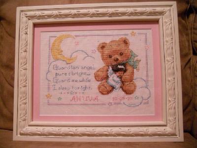 Baby Ahuva's Birth Announcement
<p>Made in 2010 for a friends beautiful daughter. I had to change the pattern because the baby was originally pale skinned and blonde and the baby is dark skinned with black hair.&nbsp;</p>
Keywords: cross stitch