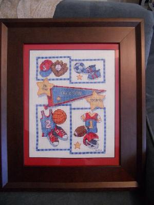 Baby Jackson's Birth Announcement
<p>Made in 2010 for a friends baby boy. Nursery was sports themed</p>
Keywords: cross stitch
