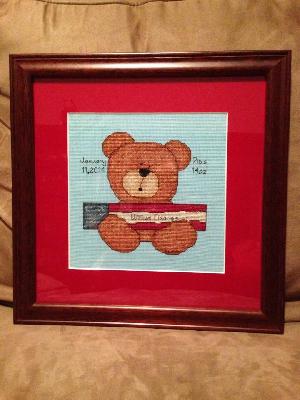 Baby Bear Cross Stitch
<p>My most recent. Finished Feb 12, 2014 for a friends baby boy. My friend is in the Navy so the nursery is patriotic themed.&nbsp;</p>
<p>Pattern purchased off Etsy from fitwinmom</p>
Keywords: cross stitch