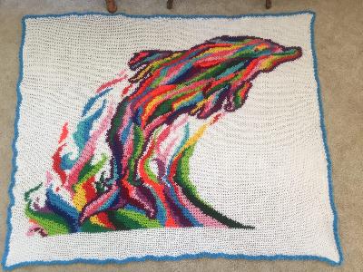 Rainbow Dolphin Word Chart
<p>I cannot believe I did this first (after the Bull's graphghan) as it was quite difficult with the many color changes! That is when I knew I had to find a better way to handle the tangled mess of bobbins.</p>

