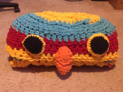 Hooded Parrot blanket
<p>this is an adult blanket. I use it at the Farmer's Market in the late fall when it is cold. I did not have a pattern for it, but used the owl pattern and then created the eyes and nose by looking at pictures. Colors are perfect for the parrot! I used Bernat Blanket yarn.</p>
Keywords: unique